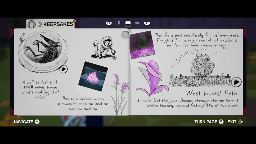 Screenshot of Season. A couple pages of a notebook are shown, both filled with illustrations and photos.